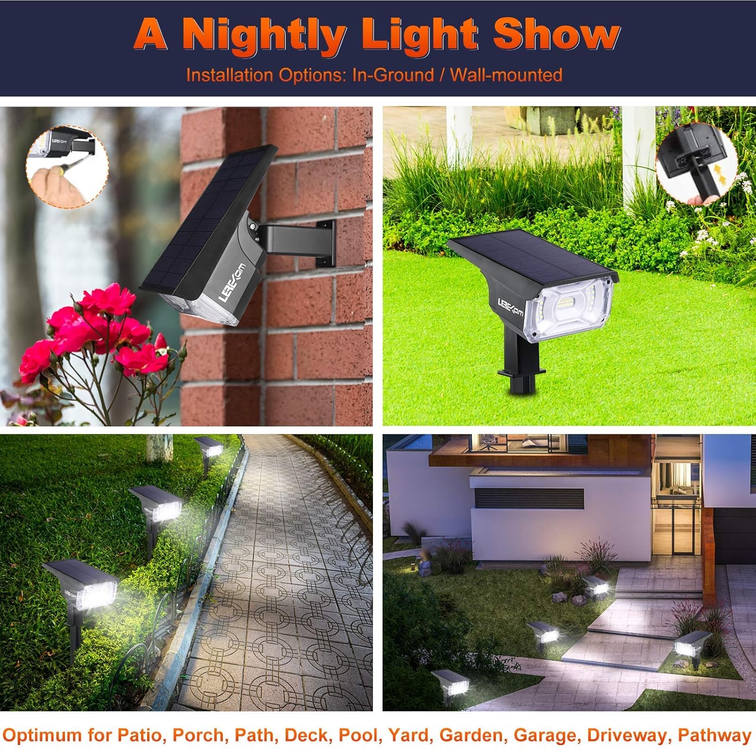 LEREKAM Solar Spot Lights Outdoor, IP65 Waterproof 40 LEDs Solar Landscape Spotlights, USB & Solar Powered Wall Lights Dark Sensing Auto On/Off, 3 Modes Outdoor Solar Garden Lights for Yard Porch 2 Pack - - 