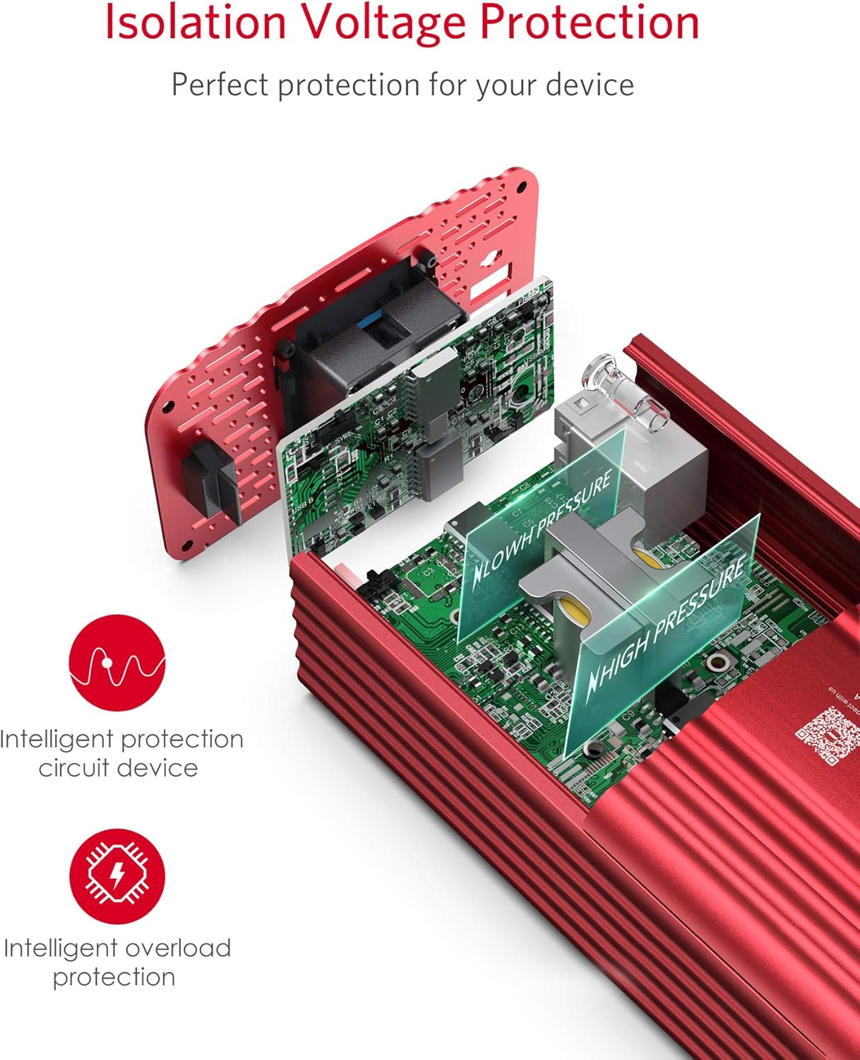 BESTEK 500W Pure Sine Wave Power Inverter DC 12V to AC 230V 240V with 4.2A Dual Smart USB Ports Car Adapter Red - Image 4
