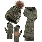 Remifa Winter Hat Scarf Gloves Set for Women, 3 PCS Beanie Hat Touchscreen Glove Long Neck Kint Scarf Valentines Gifts