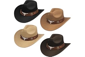 4 Pcs Classic Western Cowboy Hat for Men Felt Wide Brim Hats,Cowgirl Hats Belt Buckle Panama Hat for Adults Party,4 Colors Br