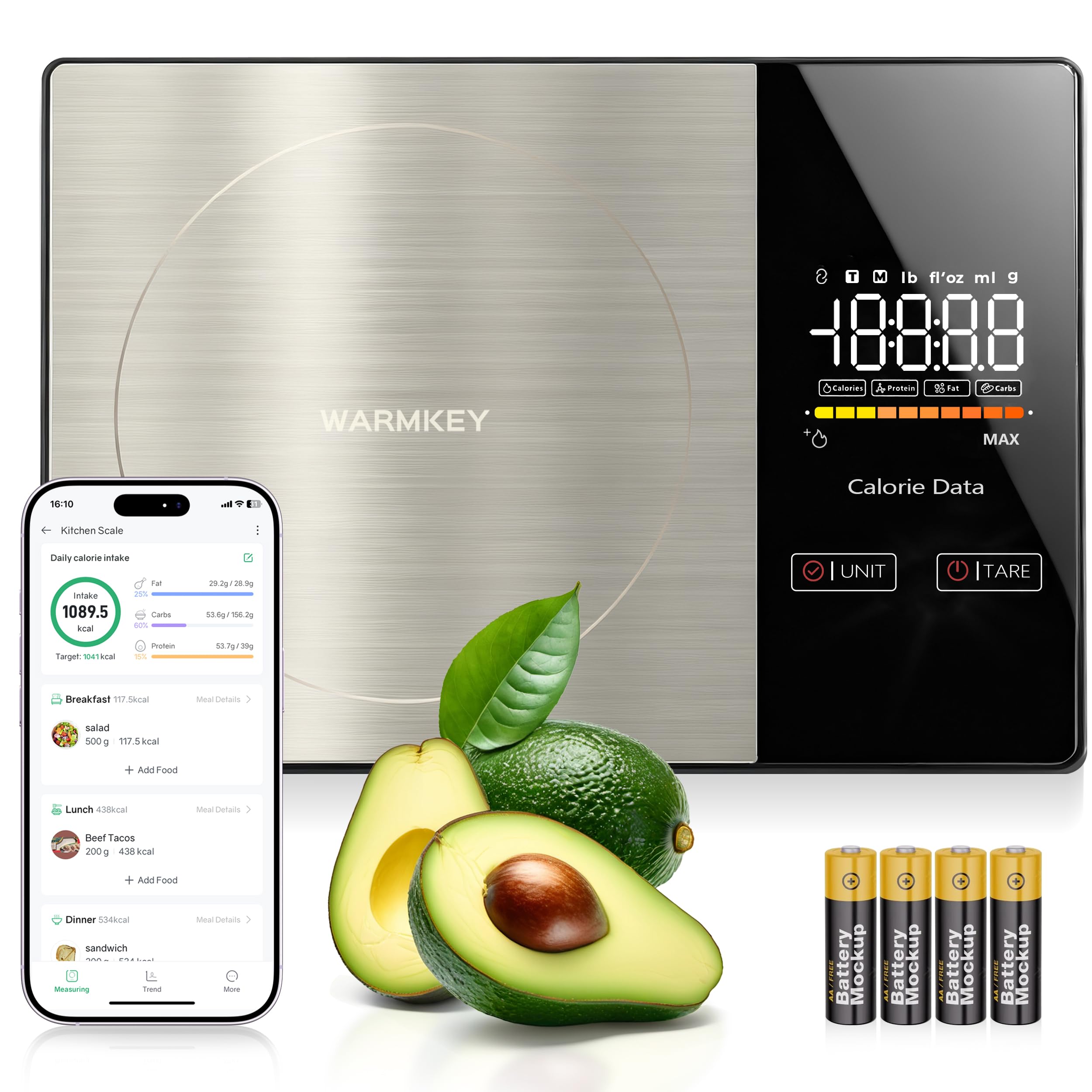 WARMKEY Smart Nutrition Food Scale - Digital Kitchen Scale with Nutritional Calculator App,Tare Function,Track Calories &24 Nutrients,11lb, Grams/Ounces, Healthy Eating & Meal Prep
