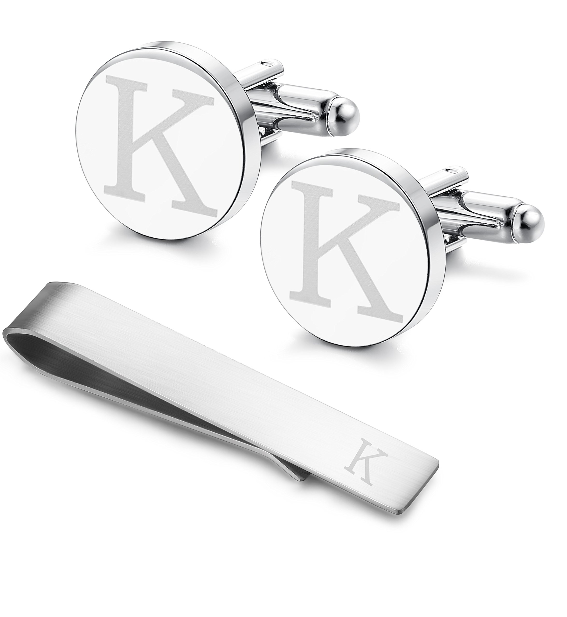LOYALLOOK Classic Engraved Initial Cufflinks and Tie Clip Bar Set Alphabet Letter Formal Business Wedding Shirts K
