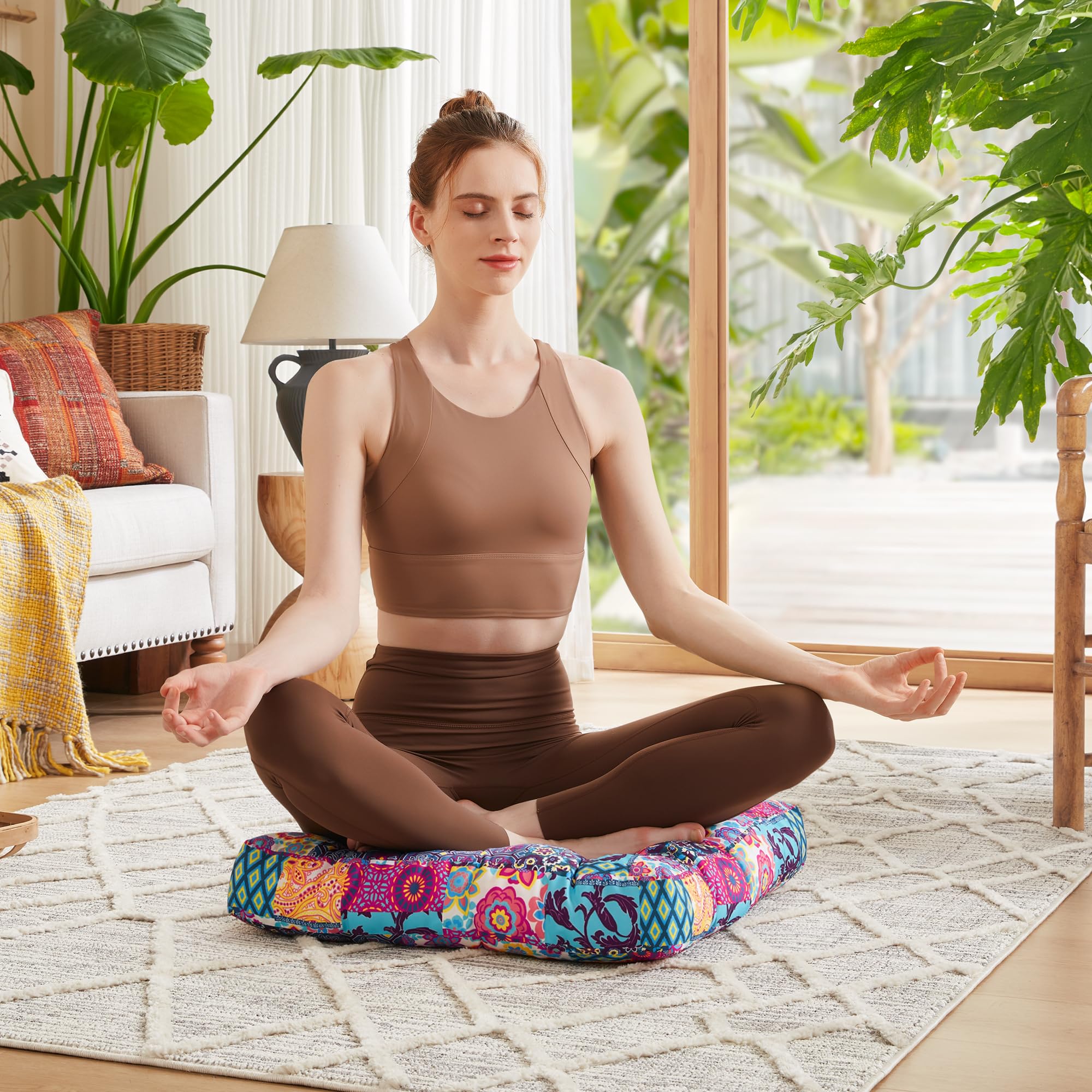 Boho Floor Pillow, Large Meditation Cushion for Adults, Square Pillows Seating for Yoga Living Room Tatami Sitting Home Decor, Memory Foam Added, 22x22 Inch, Multi Patchwork - Image 6