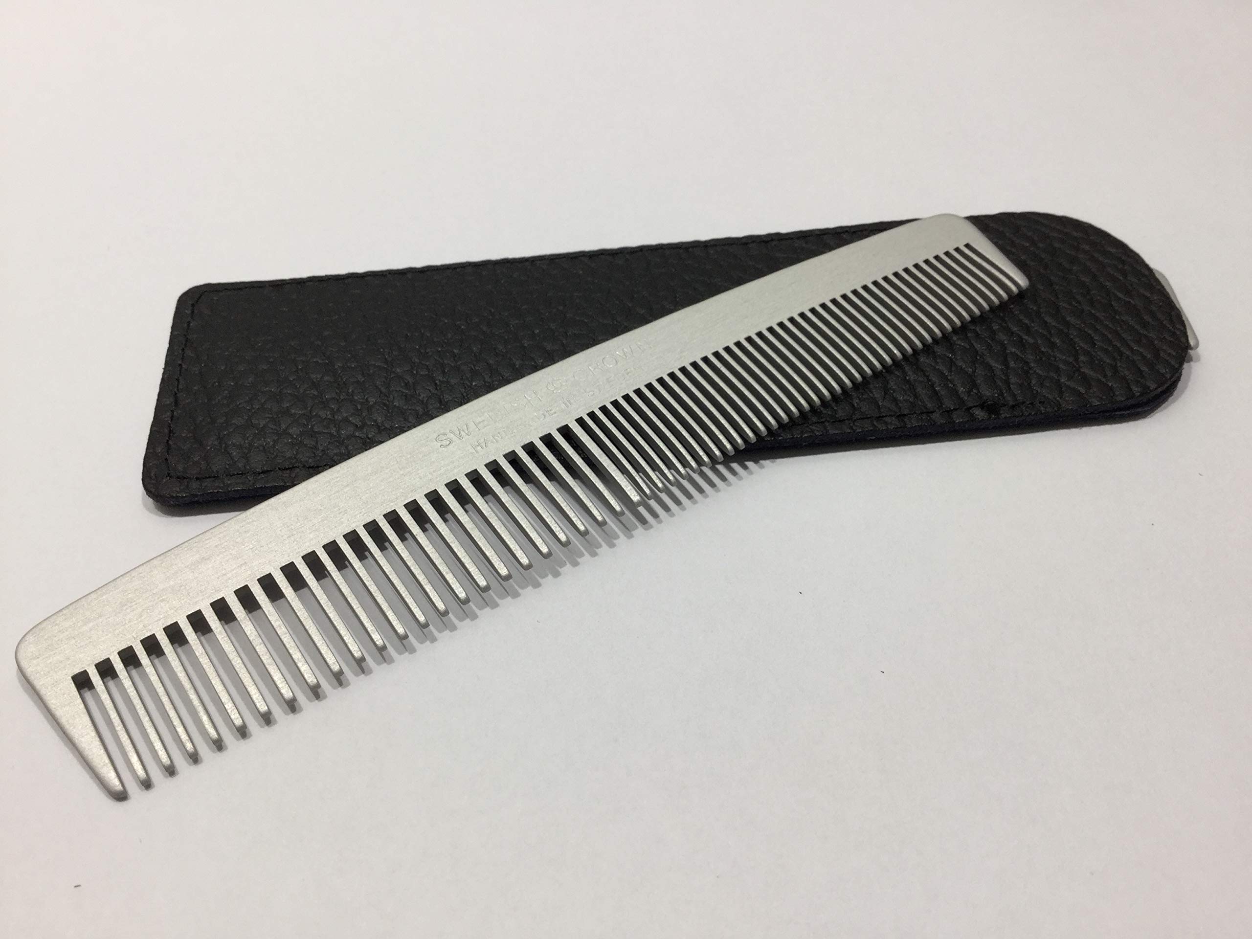 Swedish Crown Men's Comb + Real Leather Case - Aluminium Anti-Static Metal Comb - Fine & Wide Teeth - 13 cm