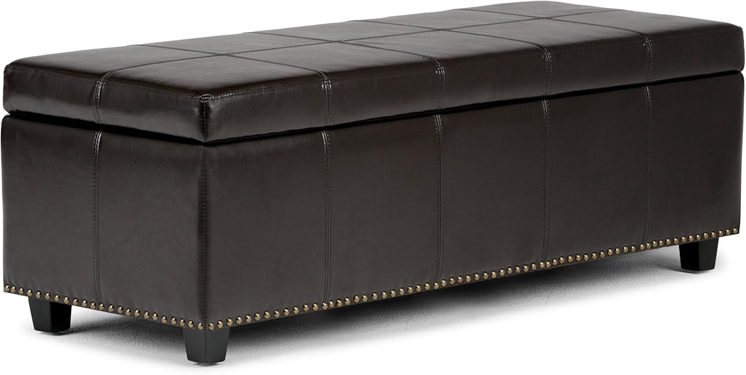 SIMPLIHOME Kingsley 48 inch Wide Transitional Rectangle Lift Top Storage Ottoman in Upholstered Coffee Brown Faux Leather with Large Storage Space for the Living Room, Entryway, Bedroom