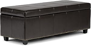 SIMPLIHOME Kingsley 48 inch Wide Transitional Rectangle Lift Top Storage Ottoman in Upholstered Coffee Brown Faux Leather with Large Storage Space for the Living Room, Entryway, Bedroom