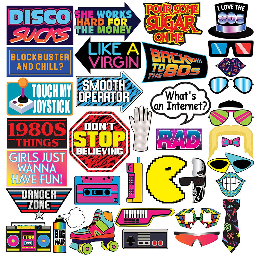 Retro 80s Photo Booth Props - 37 Pieces - Funny 1980s Theme Party Supplies, Decorations and Gifts