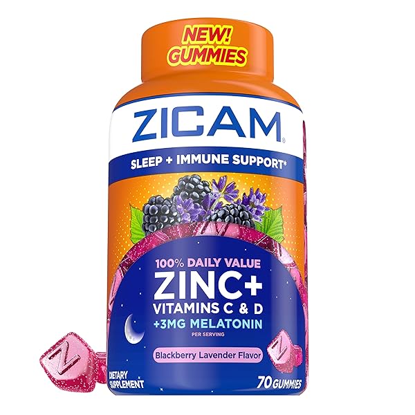 ZICAM SLEEP + IMMUNE SUPPORT. ZINC, GUMMY SUPPLEMENT, BLACKBERRY LAVENDER FLAVOR, VITAMIN C AND VITAMIN D, 3MG MELATONIN PER SERVING, 70 COUNT