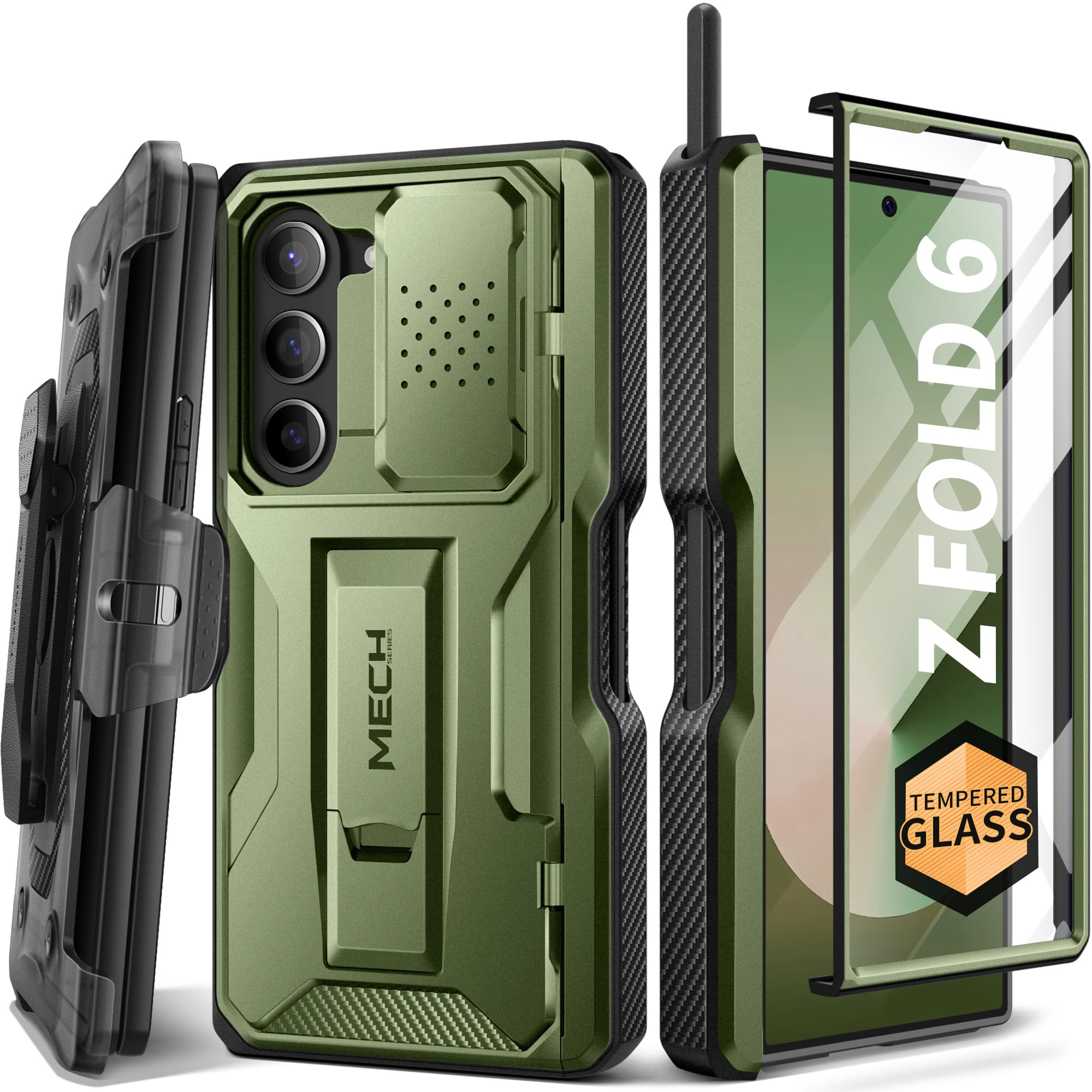 Photo 1 of TONGATE for Z Fold 6 Case, [with S Pen Slot & Hinge Protection] [Tempered Glass Screen Protector] Full-Body Military Drop Phone Case for Samsung Galaxy Z Fold 6 with Kickstand & Belt Clip, Green