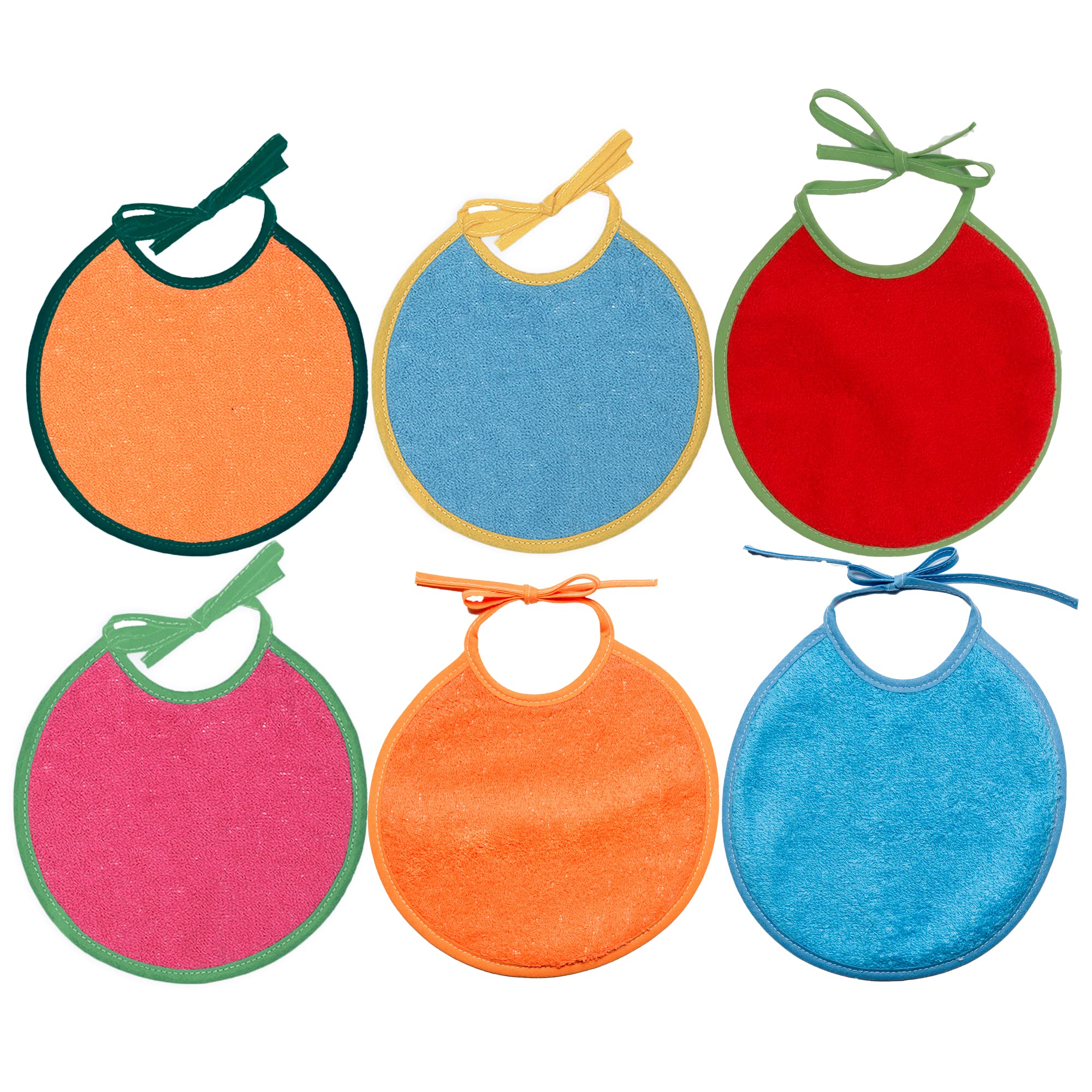 Ti TIN Pack of 6 terry cloth baby bibs, 19 x 19 cm, bibs for babies aged 0 to 6 months, closure with ribbons, extra soft cotton, colours: green, blue, orange, pink