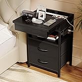 Lazzanto Nightstand Hidden Drawer Charging Table - Night Stand with Charger Station and Sliding Top Storage, Morden Bedside Table with 2 Fabric Drawers, for Dorm Living Room Bedroom, Black