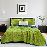 Purefair 100% Cotton Muslin Jacquard 3 Piece Quilt Set Botanical Bamboo Leaf Print, Soft 3 Layers Gauze Bed Cover Reversible Bedspread Coverlet Breathable Lightweight Bedding Set, Queen