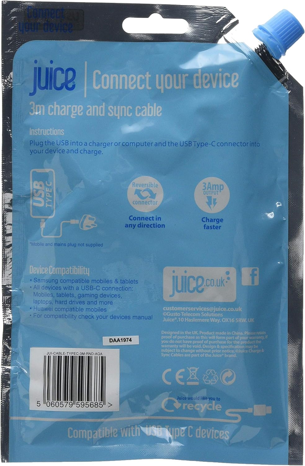 Juice USB Type C 3m Charger and Sync Cable for Samsung Galaxy S20, S10, S9, S8, S20 Plus, Huawei P30, P20, Sony - Image 3