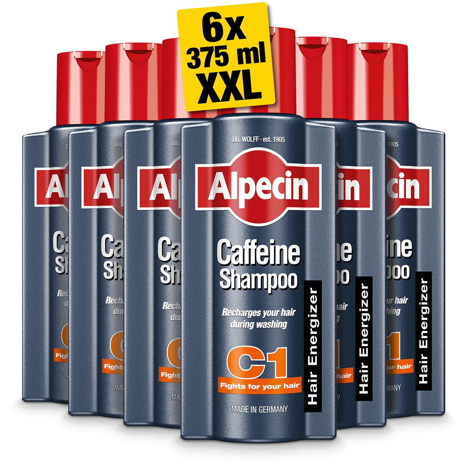 Alpecin Caffeine Shampoo C1 6x 375ml | Against Thinning Hair | For Stronger and Thicker Hair | Natural Hair Growth Shampoo for Men | Hair Care for Men Made in Germany