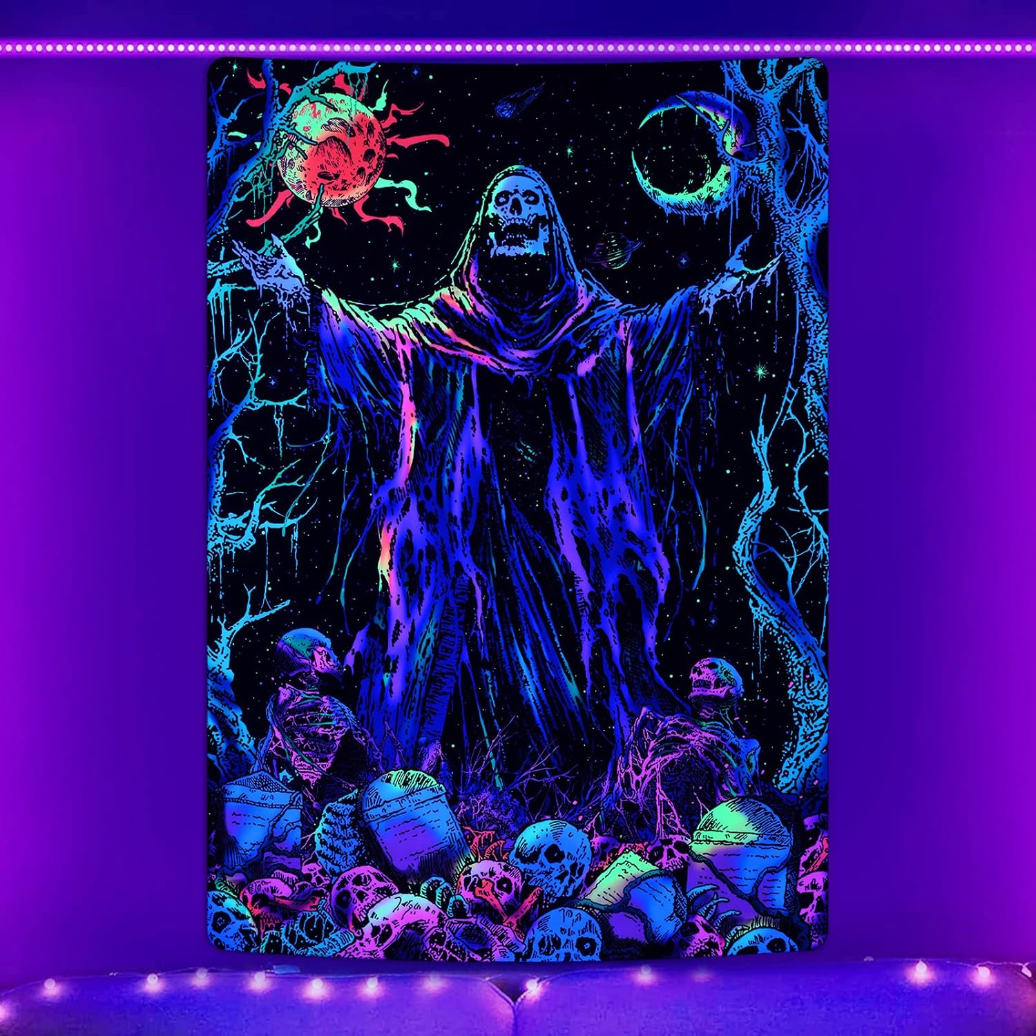 Tapestries - Uspring Blacklight Skull Tapestry UV Reactive Sun Moon Tapestries Gothic Wizard Skeleton Tapestry Colorful Witchy Tapestry Hippie Vertical Tree Tapestry for Bedroom(51.2 x 59.1 inches)