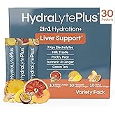 Hydralyte Liver Support + Electrolyte Mix with Milk Thistle, Turmeric, Ginger, Prickly Pear, Green Tea Extract Formulated for Rapid Rehydration (Variety Flavor, 30 Packets)