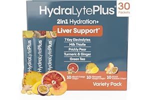 Hydralyte Liver Support + Electrolyte Mix with Milk Thistle, Turmeric, Ginger, Prickly Pear, Green Tea Extract Formulated for Rapid Rehydration (Variety Flavor, 30 Packets)