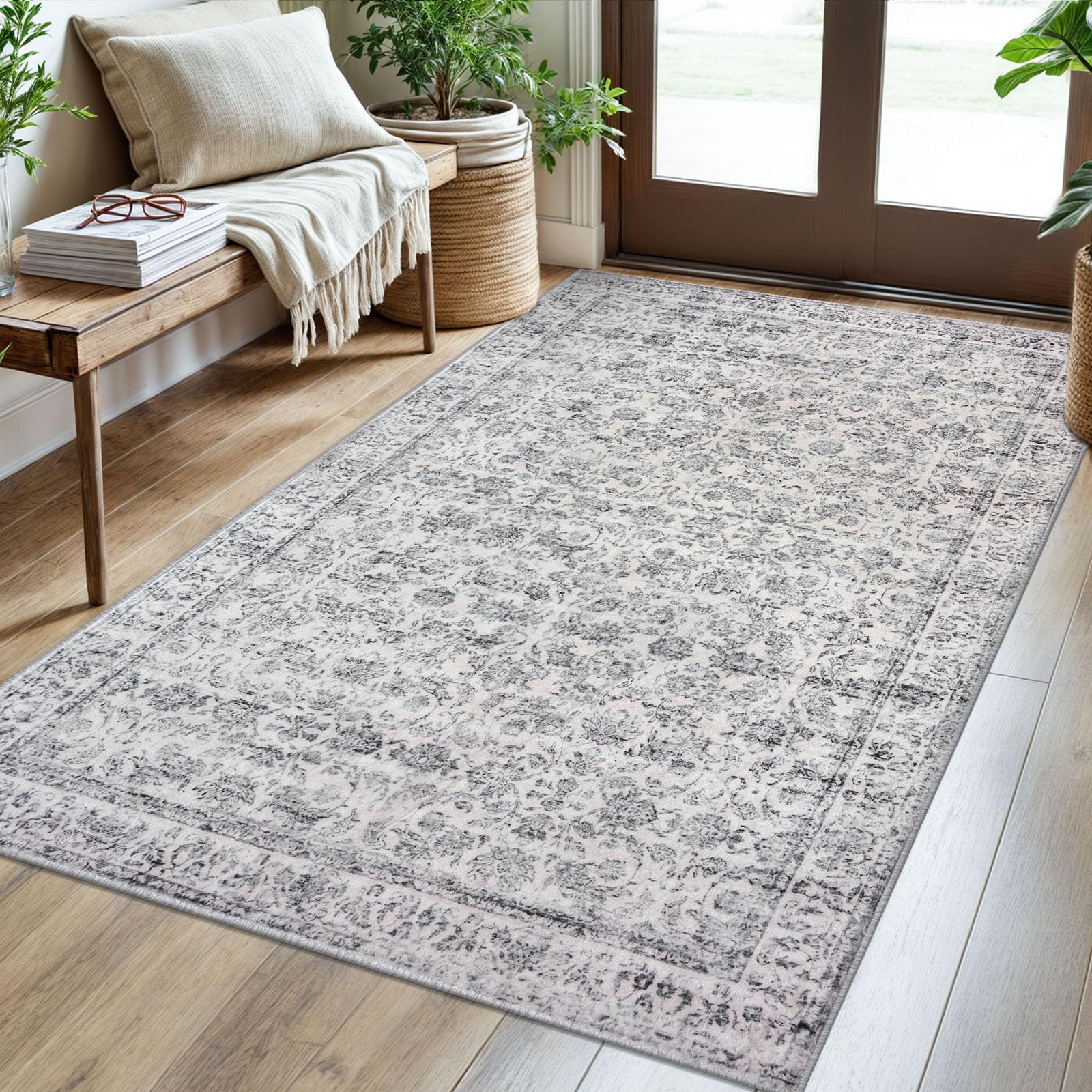 SIILOOM 3x5 Washable Area Rug for Entryway, Grey Blue White Soft Distressed Floral Rug with Non-Slip, Low-Pile Vintage Area Rugs for Living Room, Bedroom, Dorm Carpet with Non-Shedding