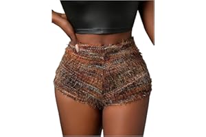 SHENHE Women's Fuzzy Striped Sweater Micro Shorts High Elastic Waist Casual Booty Hot Pants