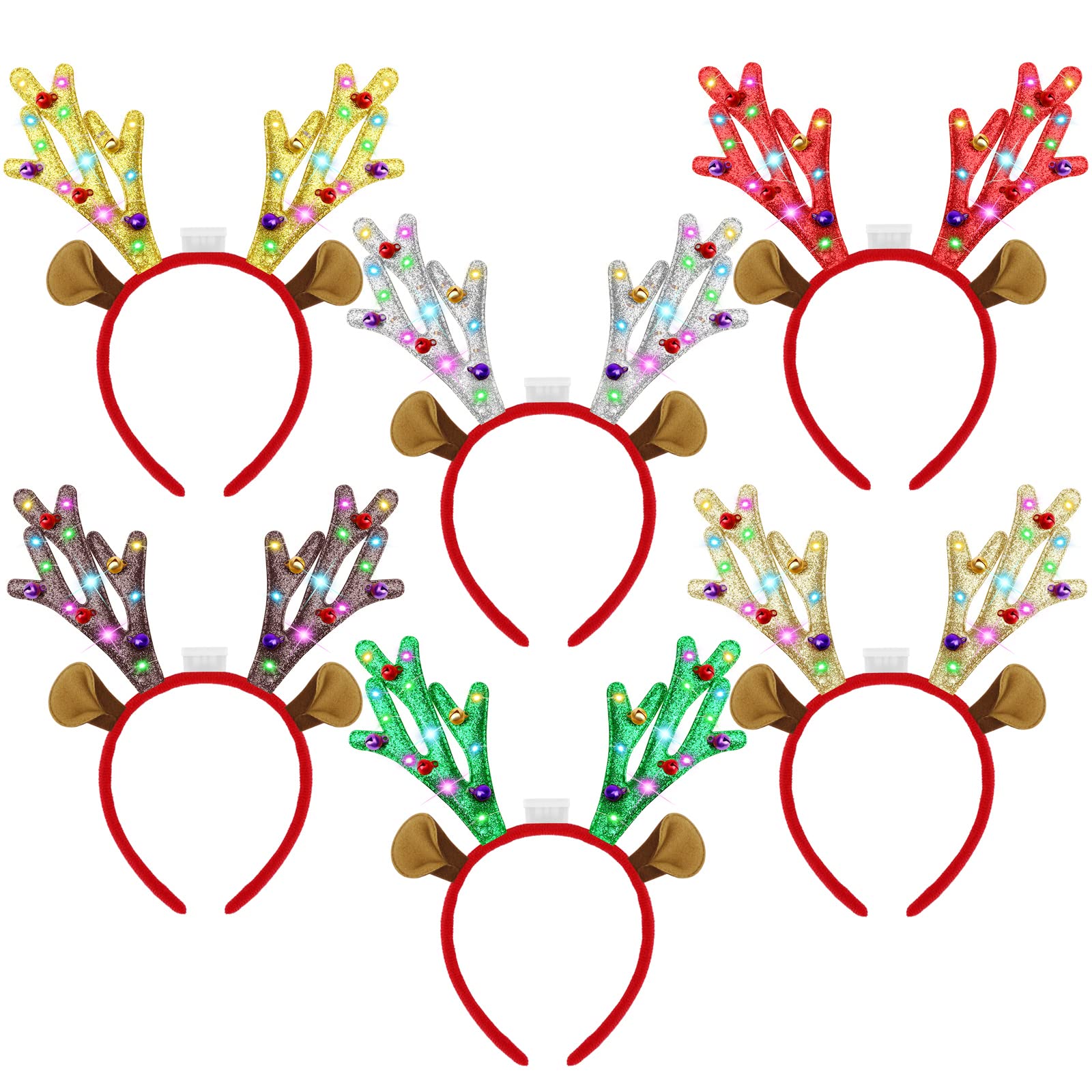 Aneco 6 Pieces Light Up Christmas Headbands LED Glitter Christmas Headbands Xmas Antler Headbands for Christmas Holiday Supplies Accessory