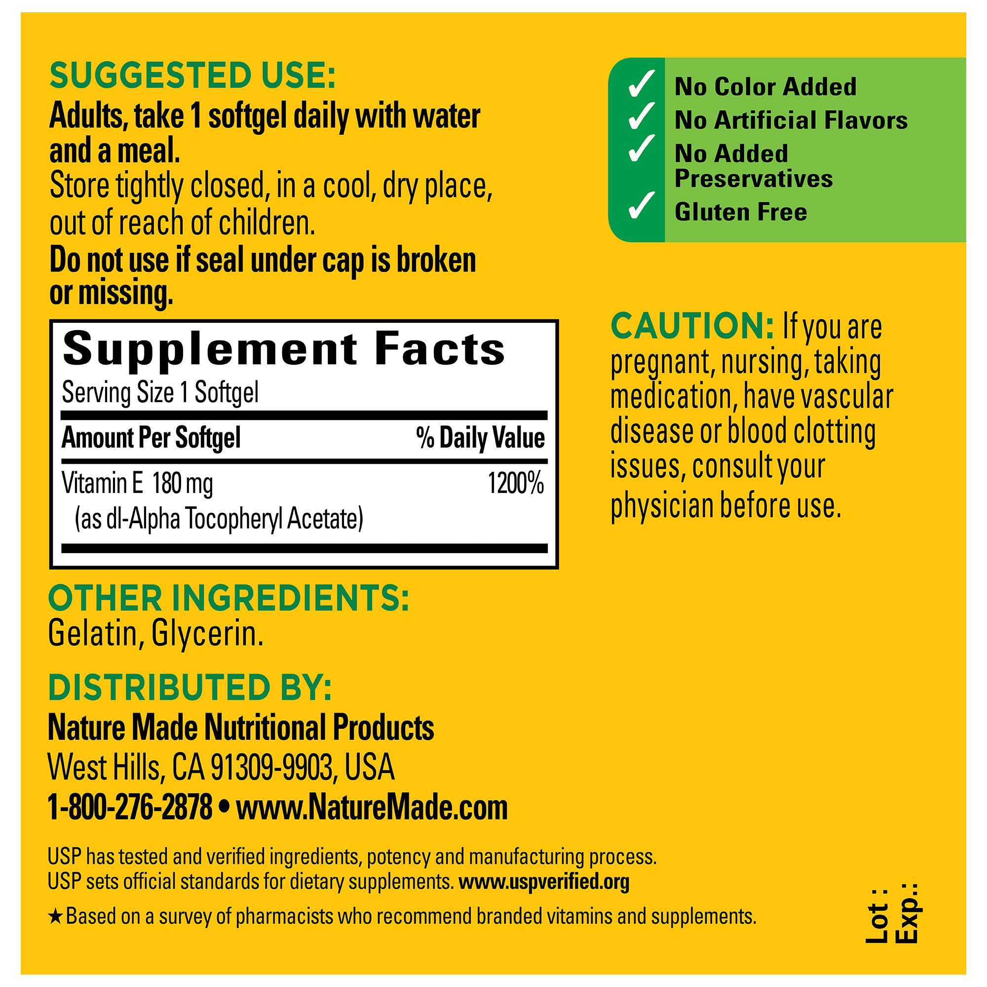 Nature Made Vitamin E 180 mg (400 IU) dl-Alpha, Dietary Supplement for Antioxidant Support, 100 Softgels, 100 Day Supply