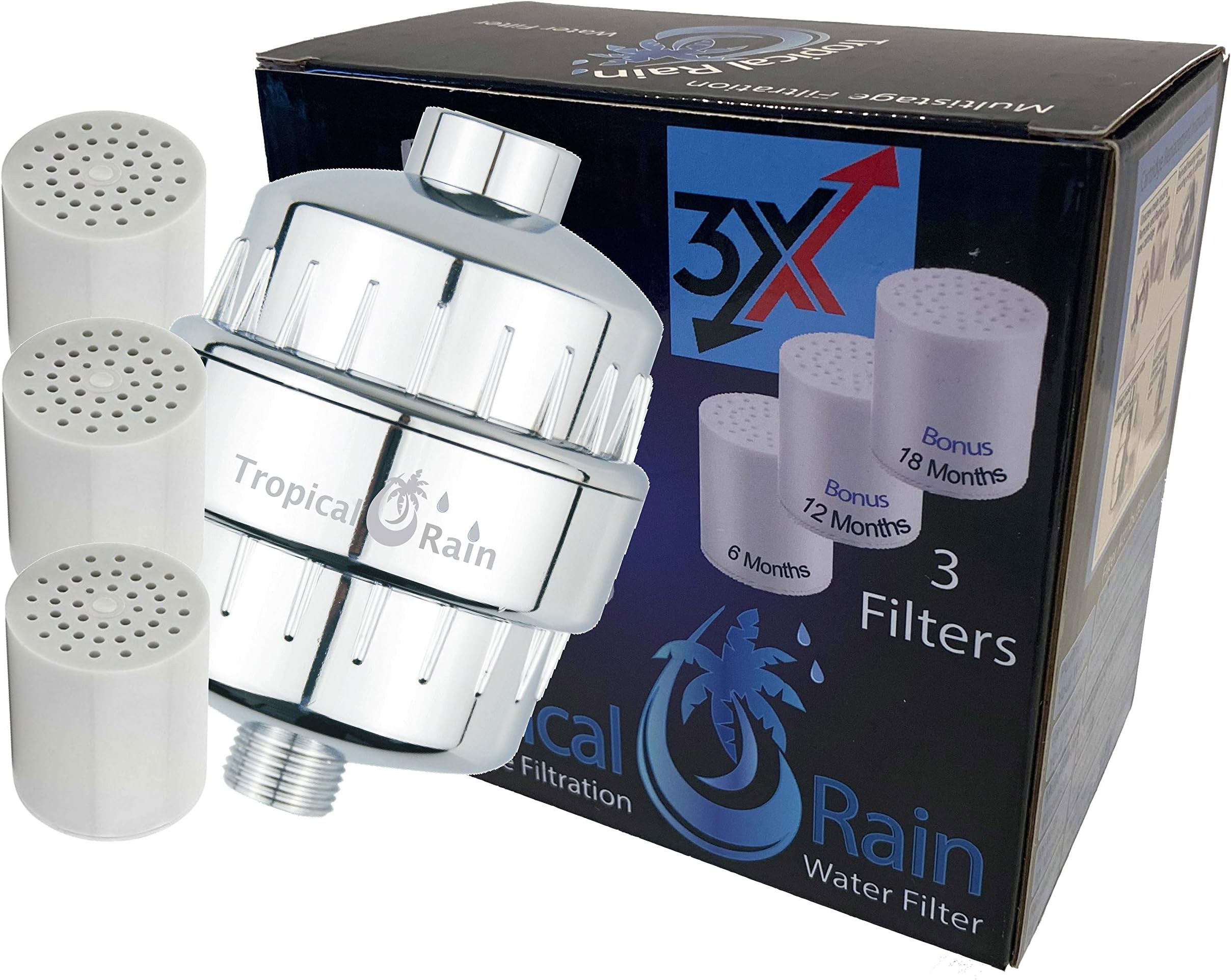 Cali Tropical Rain Shower Filter w 3 Filter Cartridges: 12 Stage Chrome High Output. Reduces Chlorine, Fluoride, Hard Water Softener: (2) Bonus Cartridges … (3 Cartridges - 1 Housing)