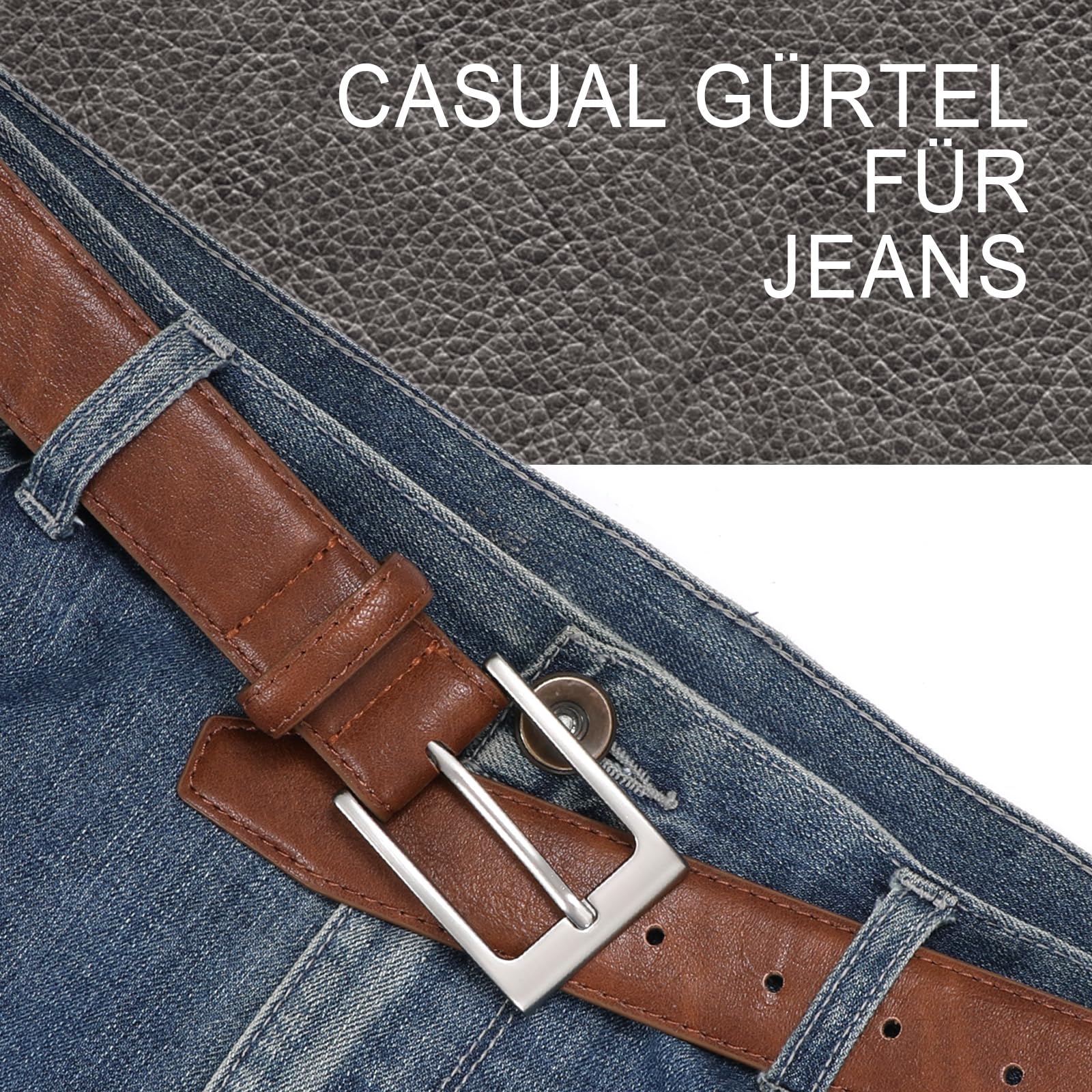 WHIPPY Herren Gürtel, Herren Ledergürtel klassischer Jeansgürtel für Männer 38mm breit,braun 110cm 6