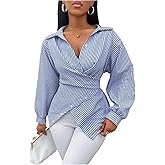MakeMeChic Women's Striped Wrap Blouse Top Long Sleeve Asymmetrical Hem Collared Shirt Work Tops