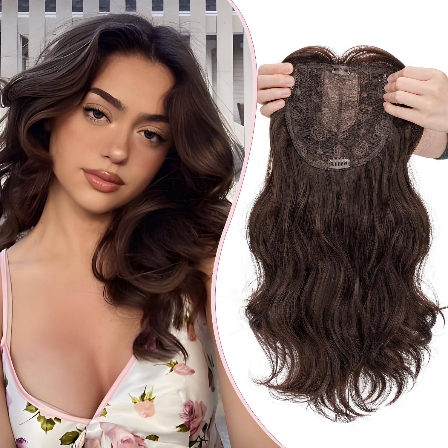 S-noilite Hair Toppers for Women 18 inch Synthetic Hair Pieces Lace Base Toppers 4 Clips in Wiglets Fringe for Ladies with Thinning Hair Loss Hair Extensions Wigs,Curly Wavy Auburn Brown