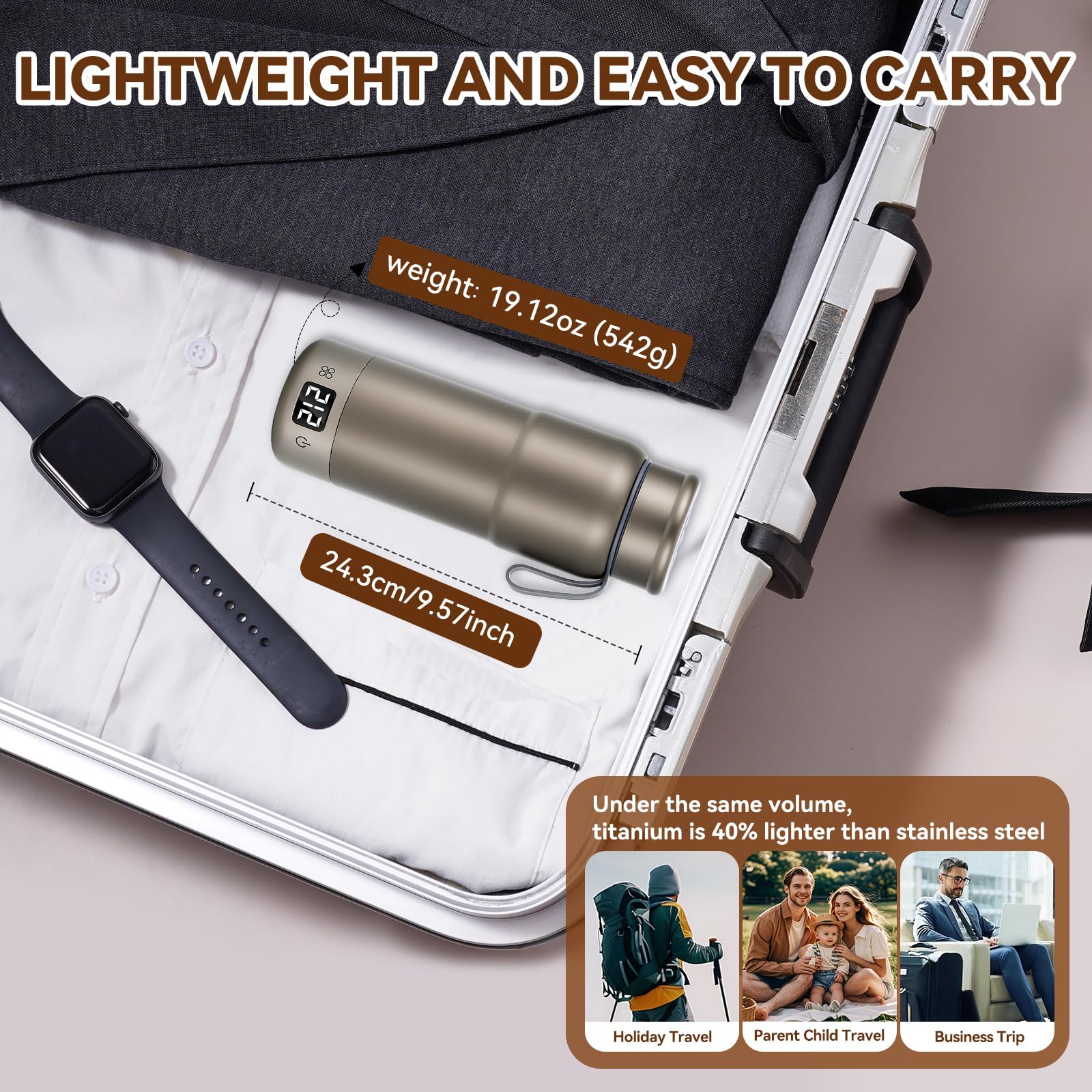 Hervidor de viaje de titanio puro, hervidor eléctrico portátil de doble voltaje, 110 V-240 V, caldera de agua pequeña inteligente para té y café, 12 controles de temperatura, apagado automático y protección de ebullición en seco (gris, 520 ml)