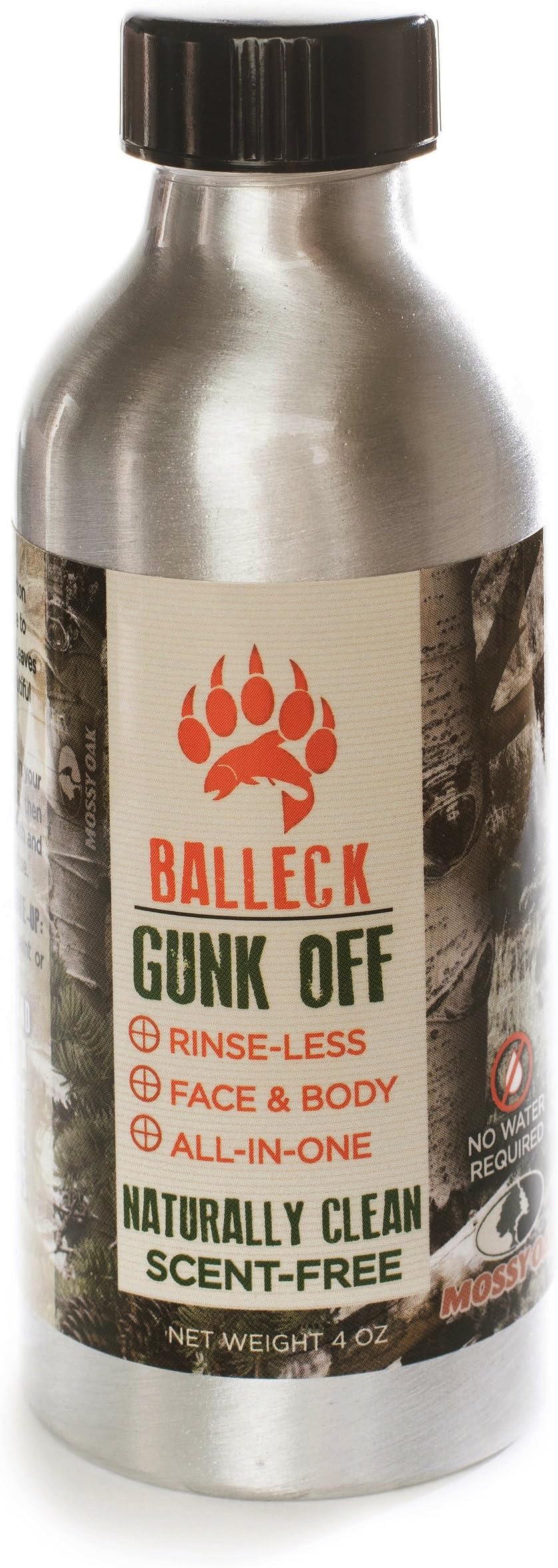 Balleck Mossy Oak Gunk Off: 3 in 1 Water-less + Rinse-less + Scent-free Hand Wash Body Wash and Face Paint Remover Scent Free 4 oz