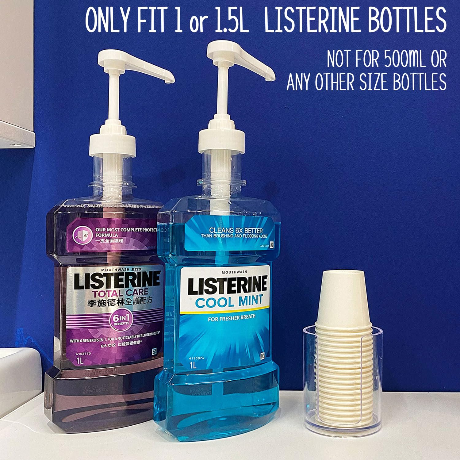 Dispenser Pumps for Listerine 1 or 1.5 Liter Mouthwash Bottles with Cup Holders, Resuable Cups and Clear Plastic Paper Cup Dispenser - Fits Total Care, Original, Zero Alcohol, Cool Mint, etc