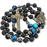 Lava Stone Black Rosary Beads for Men, Catholic Rosary Necklace with Saint Medal & Cross, Blue Tiger Eye Beads Strong Rosary Cross Necklace in Portable Gift Box