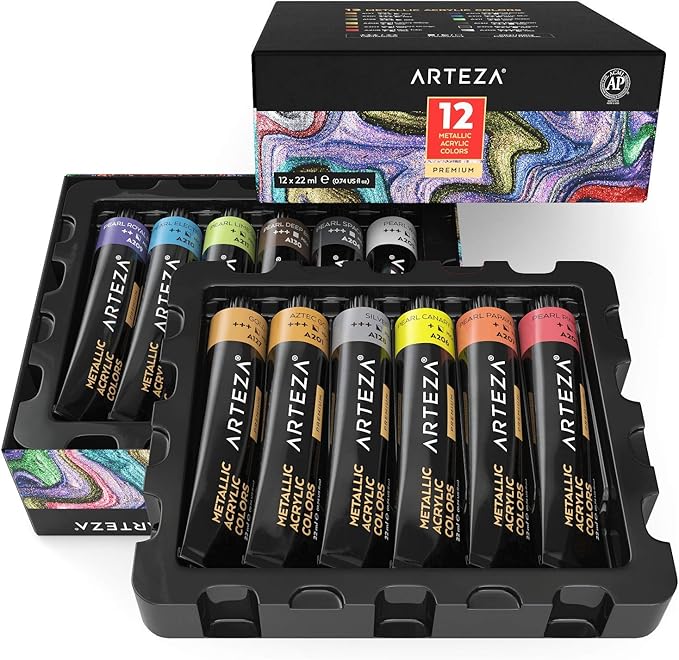 Arteza Metallic Acrylic Paint, Set of 12 Colours/Tubes (22 ml, 0.74 oz