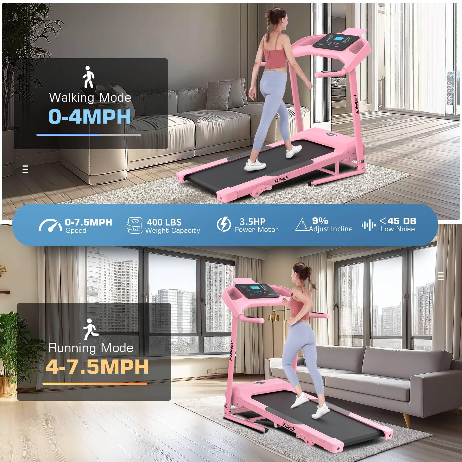 Treadmill with Incline, FUNMILY 3.5HP Heavy Duty Folding Treadmill for Home, 350 lb Capacity Walking Running Machine with Smart Fitness Tracking, 12 Preset Programs, LCD Display, 2 Control Methods