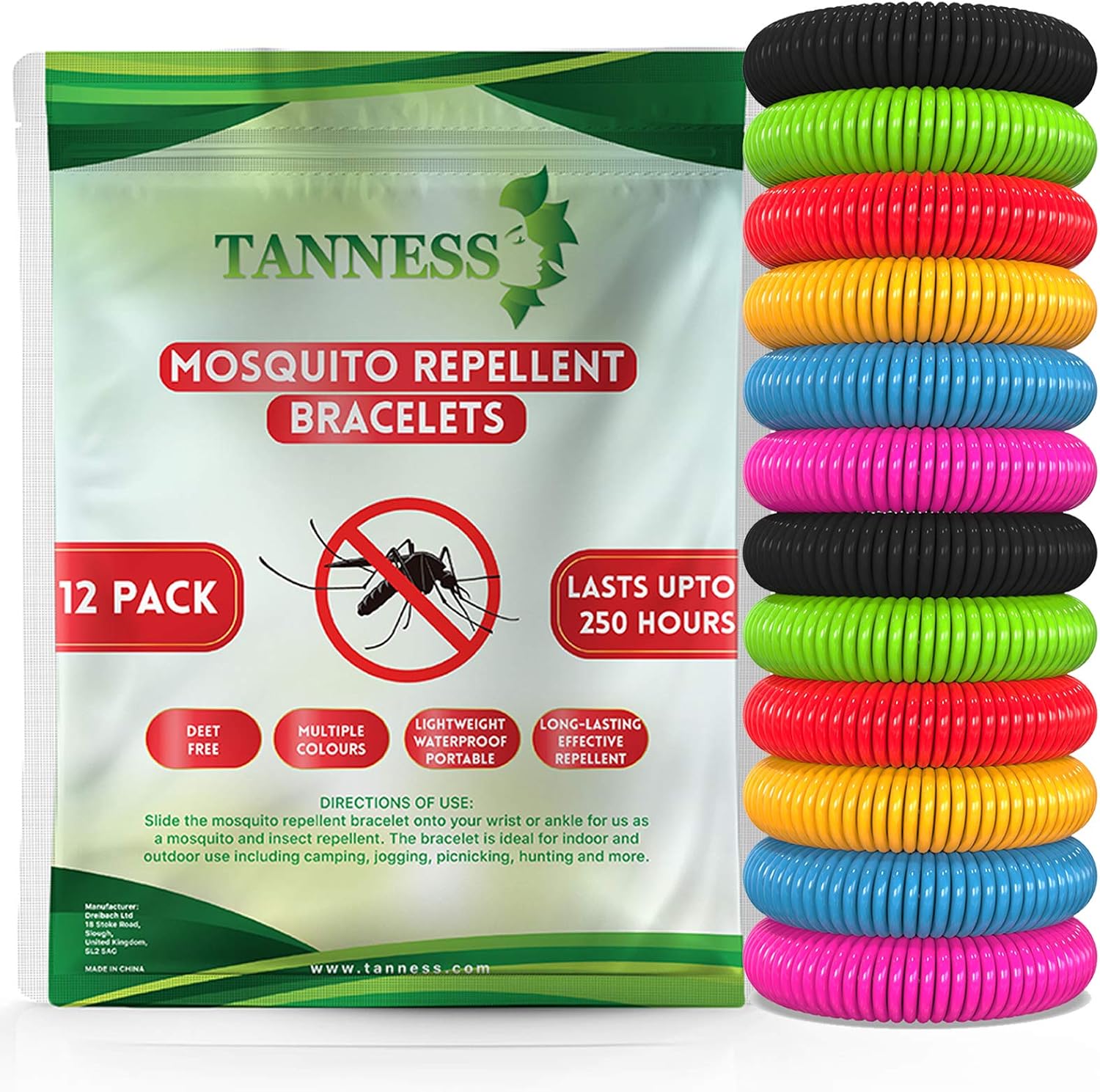 Tanness 12 Pack Mosquito Repellent Bracelet, Non-Toxic DEET-Free Bug & Insect Repellent Bands, Waterproof Mosquito Bands