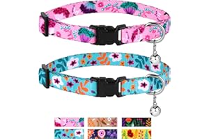CollarDirect Cat Collar with Bell Floral Pattern 2 Pack Set Flower Adjustable Safety Breakaway Collars for Cats Kitten (Pink + Aquamarine)