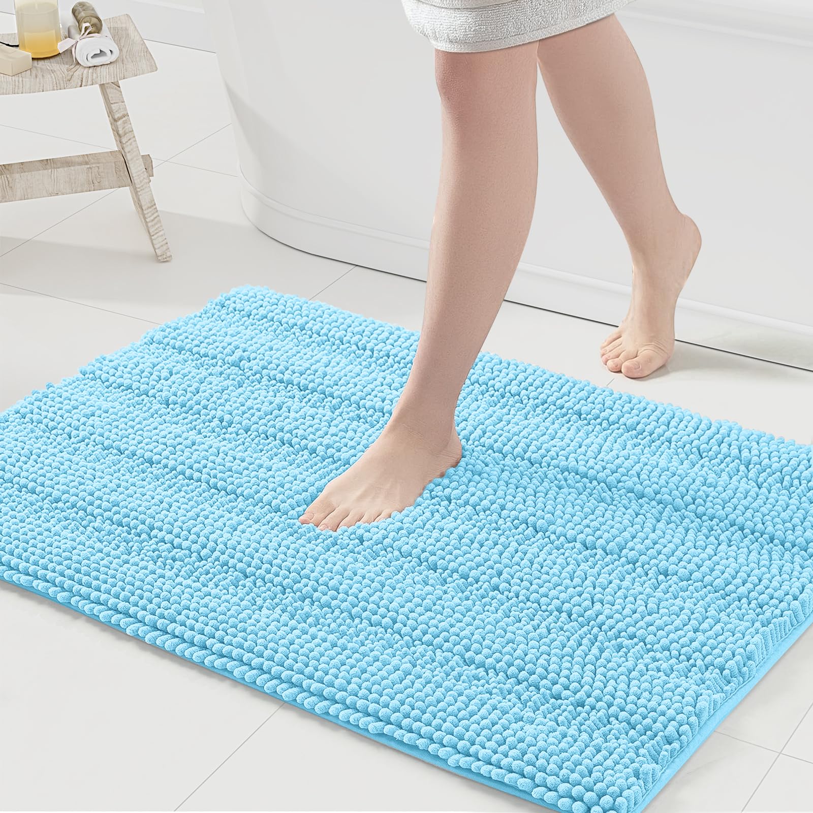 Grandaily Chenille Striped Bathroom Rugs 36x24, Extra Thick and Absorbent Bath Mats, Non-Slip Soft Plush Shaggy Shower Carpet, Machine Wash Dry, Bath Rug for Bathroom, (Large, Blue) Image