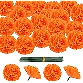 50 Pcs Marigold Flower Heads Bulk, Artificial Mexican Flowers Silk Fake Marigold Heads with Stems for Diwali Day, Day of The Dead, Wreath Garland(Orange)