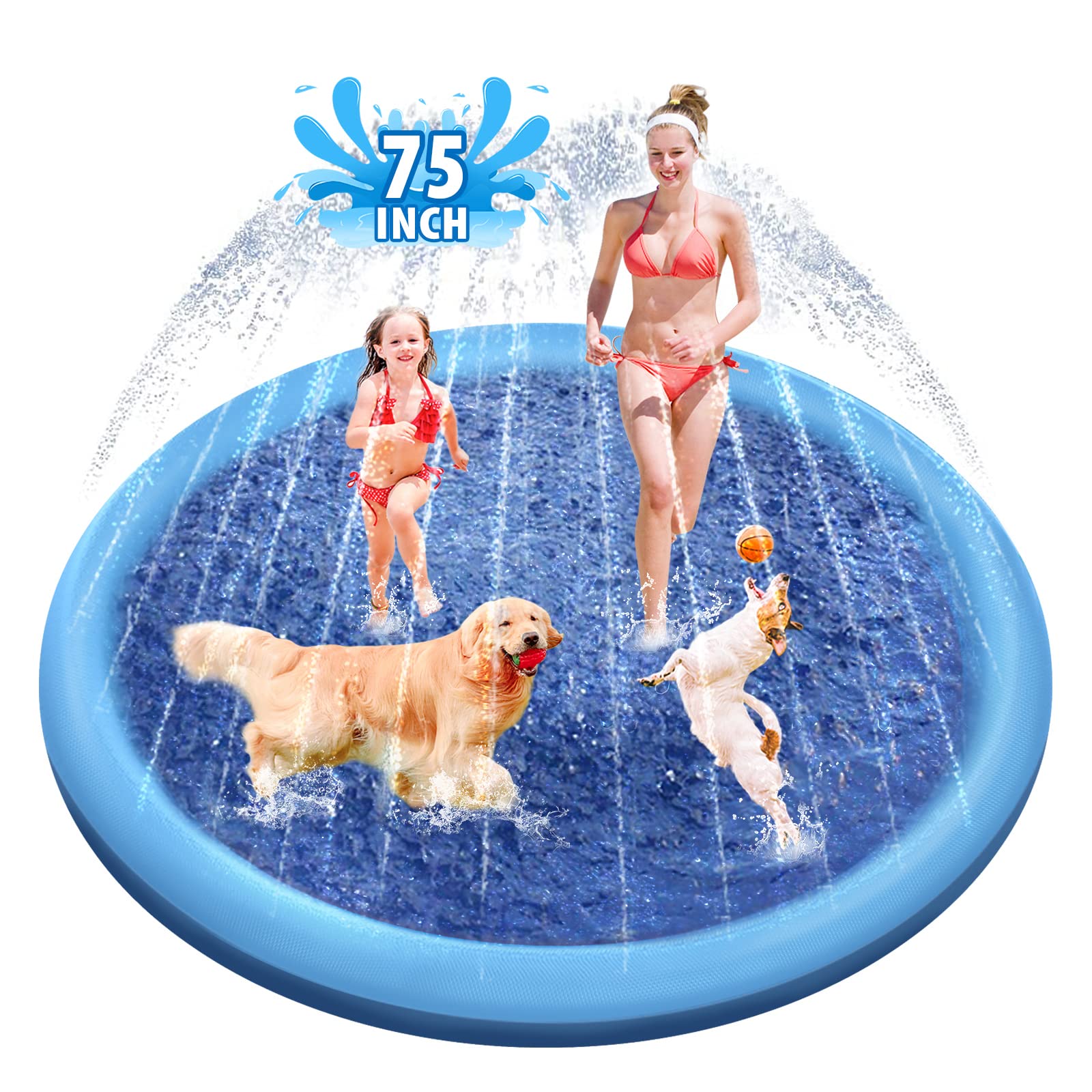 Photo 1 of Raxurt Dog Splash Pad, 75in Anti-Slip Dog Pool Splash Pad for Dogs Kids 0.55mm Thickened Durable Bath Pool Pet Summer Outdoor Water Toys Backyard Fountain Play Mat, Blue DP-01