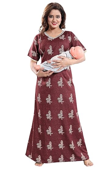Women's Cotton Fabric Beautiful Print Invisible Zip Pattern Feeding/Maternity/Nursing Nighty