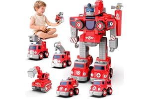 Baobrava 5-in-1 Fire Truck Car Toys for 4 5 6 7 8 Year Old Boys, Take Apart Transform to Robot with Drill Screw Set, DIY Building STEM Toys, Montessori Educational Toys, Birthday Gifts Kids Ages 3+