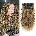 Clip in Hair Extensions, FLUFYMOOZ 4PC 100％ Pure Protein Silk Hair Extensions Long Soft Natural Hairpiece 20 Inch Curly Hair Extension for Women (Dark Blonde to Light Brown)