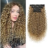 Clip in Hair Extensions, FLUFYMOOZ 4PC 100% Pure Protein Silk Hair Extensions Long Soft Natural Hairpiece 20 Inch Curly Hair Extension for Women (Dark Blonde to Light Brown)
