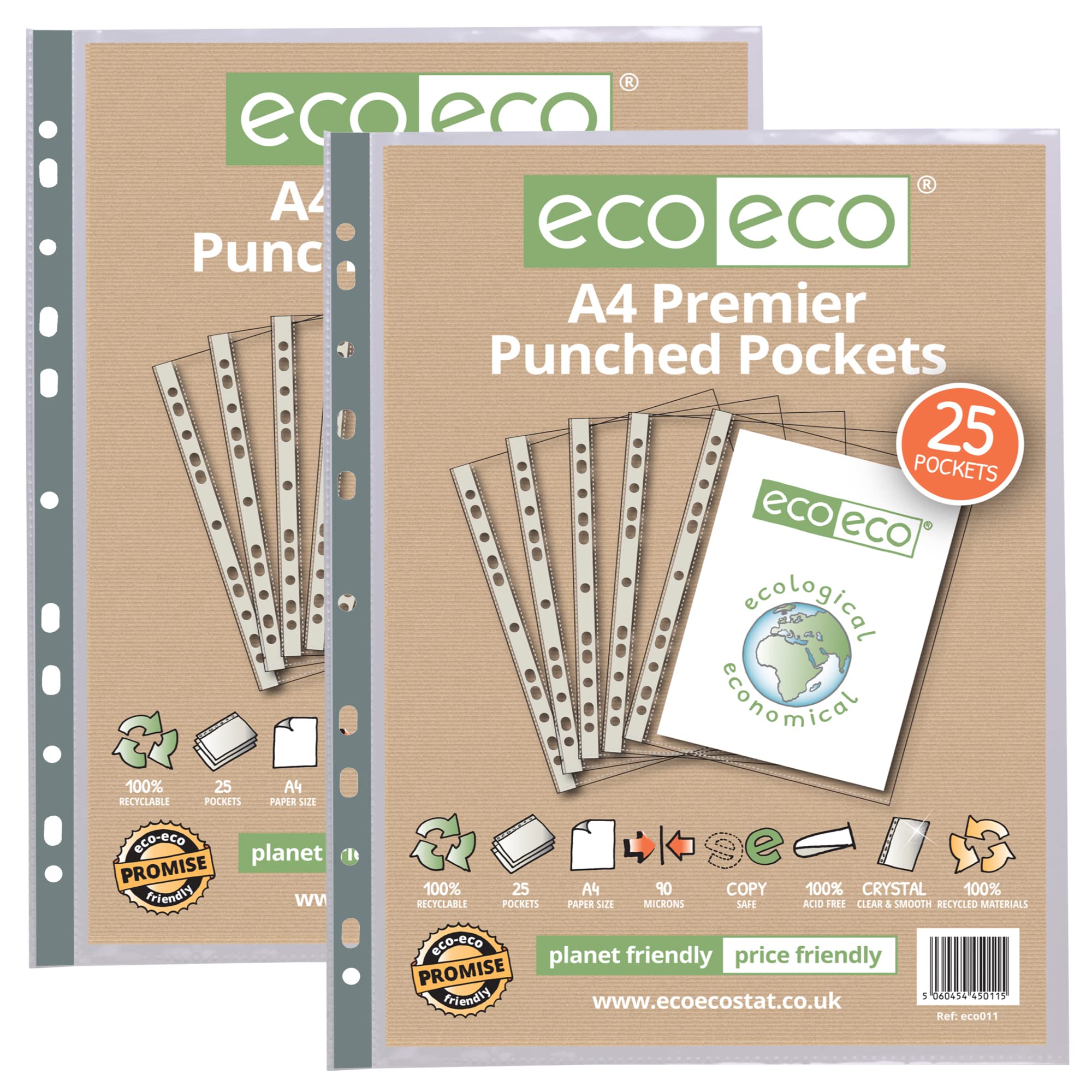 eco-eco A4 100% Recycled Premier Multi Punched Pockets Glass Clear, Transparent Poly Wallet Sheet Protector, 90 Microns (Pack of 50), eco011x2