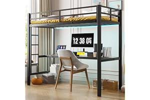 Reemoon Metal Twin Bed with Desk, Metal Loft Bed Frame with USB Power Outlet and LED Strip Lights for Kids and Teens, Black