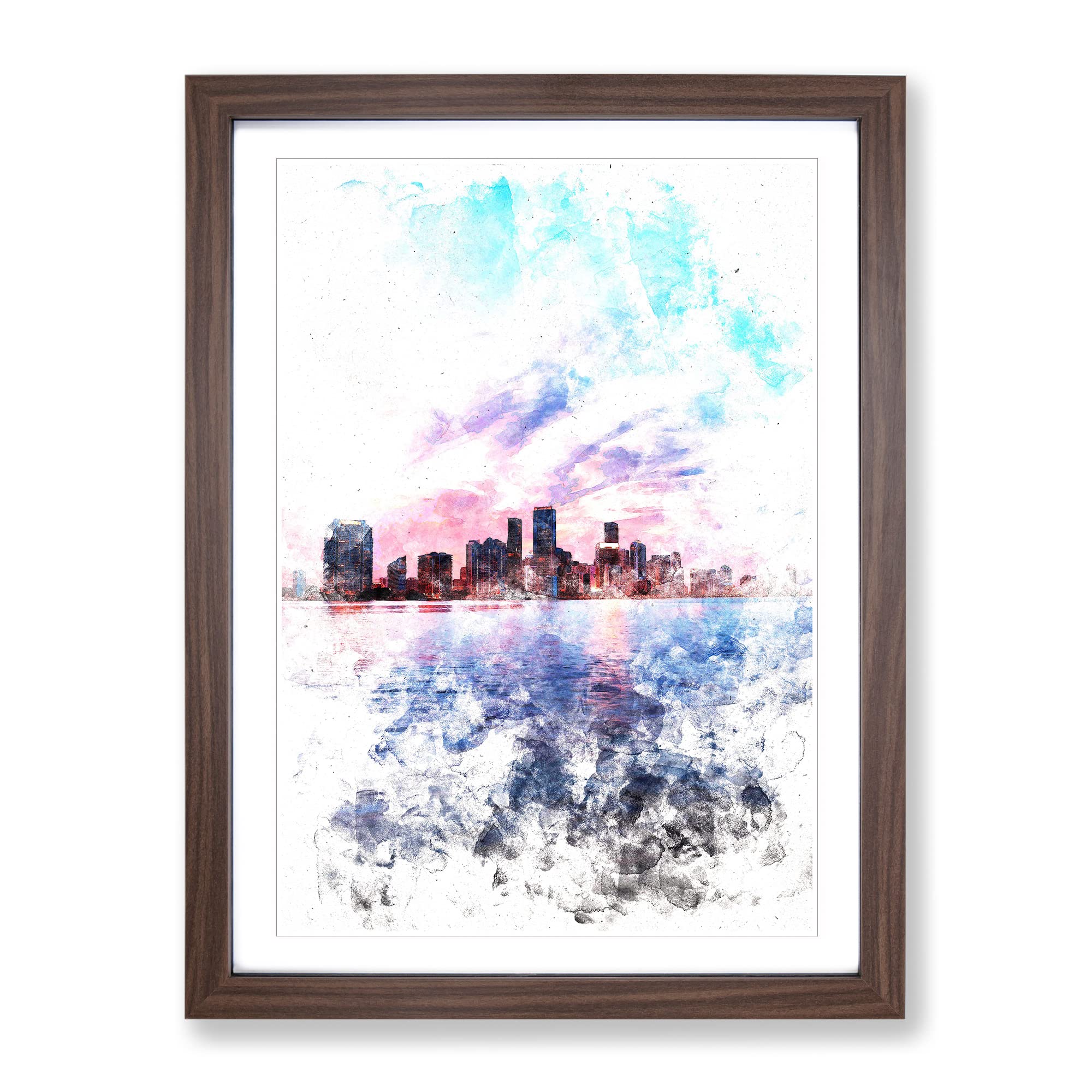 Miami Florida Skyline Watercolour Modern Framed Wall Art Print, Ready to Hang Picture for Living Room Bedroom Home Office Décor, Walnut A4 (34 x 25 cm)