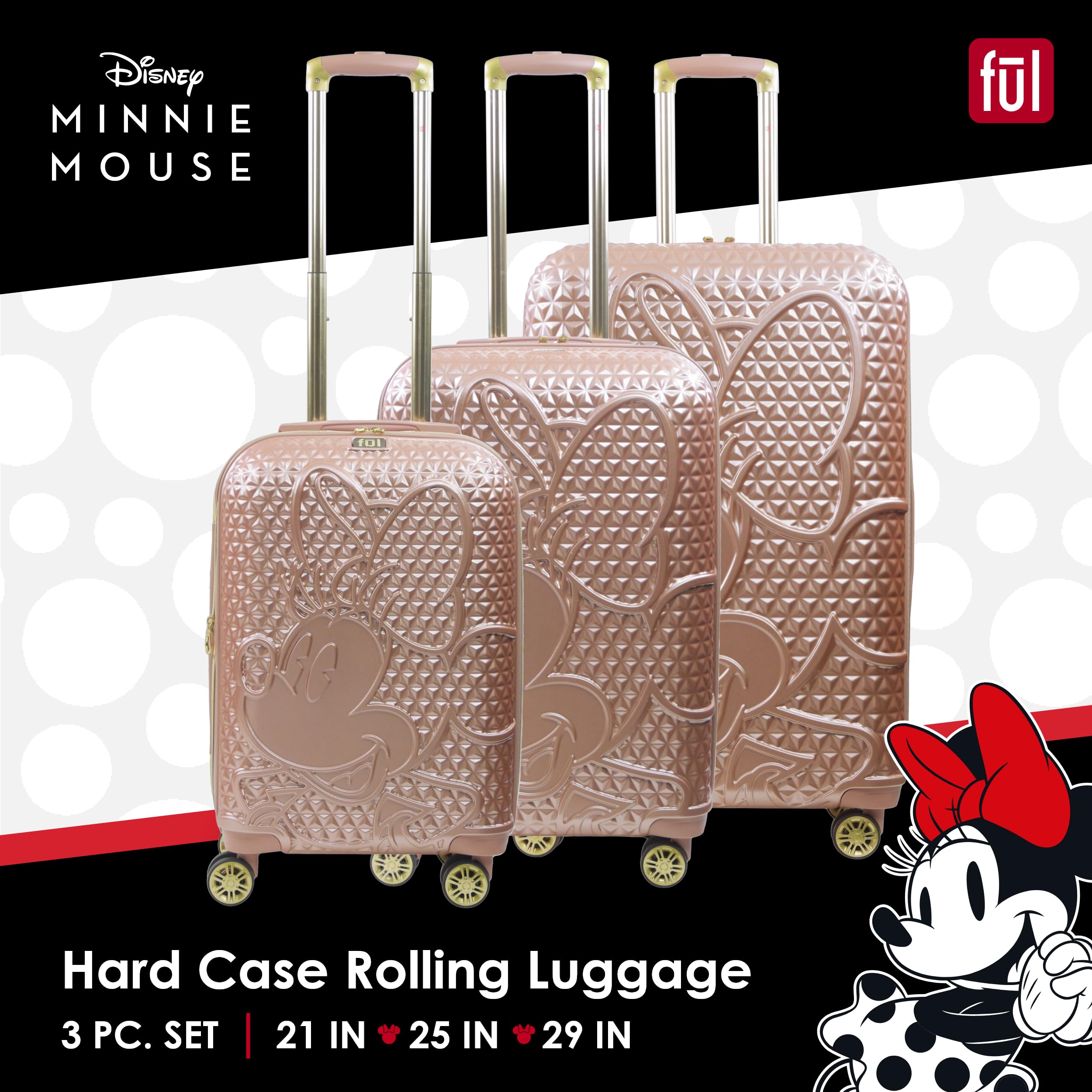 FUL Disney Minnie Mouse Rolling Luggage, Textured Hardshell Suitcase with Wheels, Rose Gold, 3 Piece Set