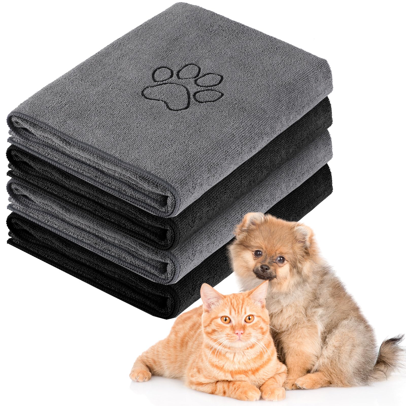 Photo 1 of Chumia 4 Pack Dog Towels for Drying Large Microfiber Grooming Tools Absorbent Soft Bath Supplies with Embroidered Paw for Small Medium Pet Products(16 x 32 Inch,Gray, Black)