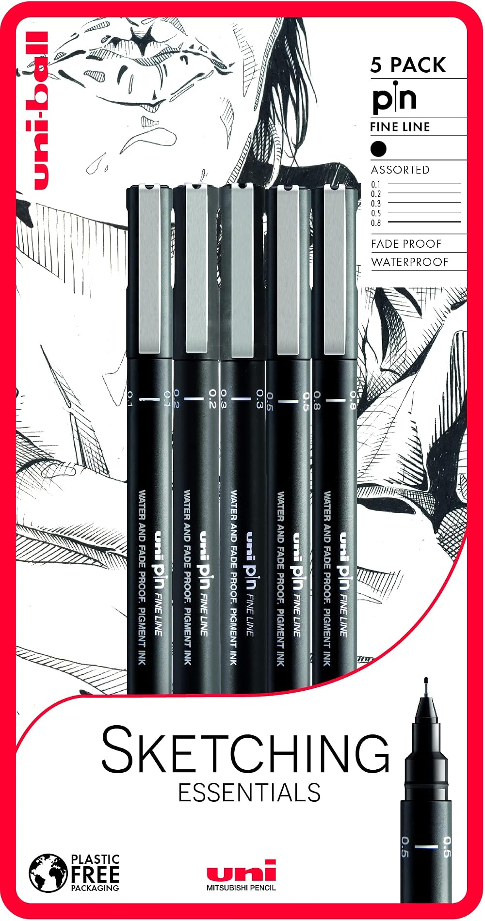 uni-ball PIN Fineliners Black Fine Tip 0.1 0.2 0.3 0.5 0.8 Pack of 5